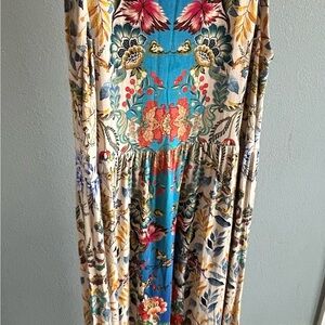 Johnny Was Blue Floral Embroidered Neckline Dress